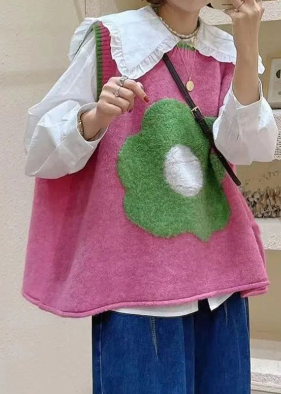 Pink O Neck Green Patchwork Knit Vest Sleeveless
