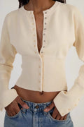 Ribbed Crew Neck Fitted Button Knit Cardigan