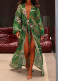 Tiger Print Tie-Waist Long Sleeve Kaftan Dress