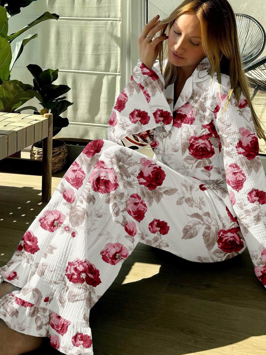 Women's Floral Print Casual Ruffle Pajama Set