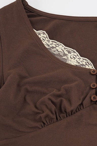 Lace Trim Button Front Flared Sleeve Blouse