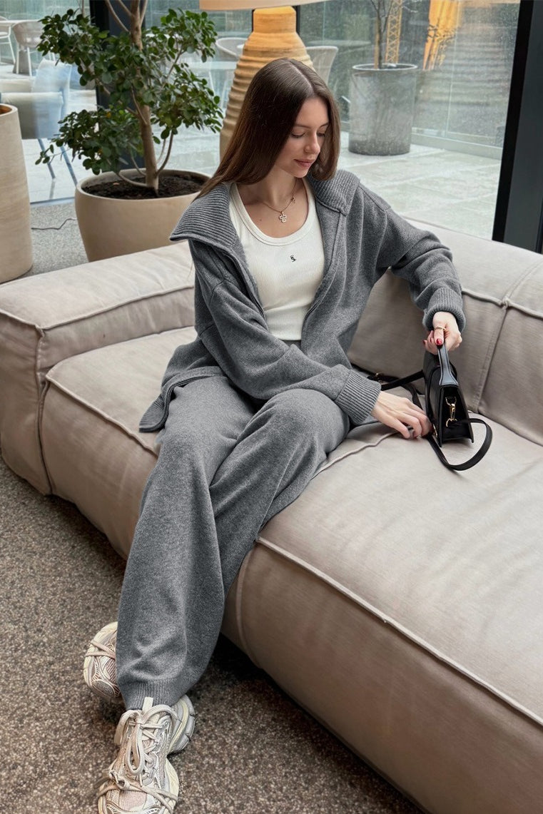 Double Zip Polo Knit Wide Leg Pants Set