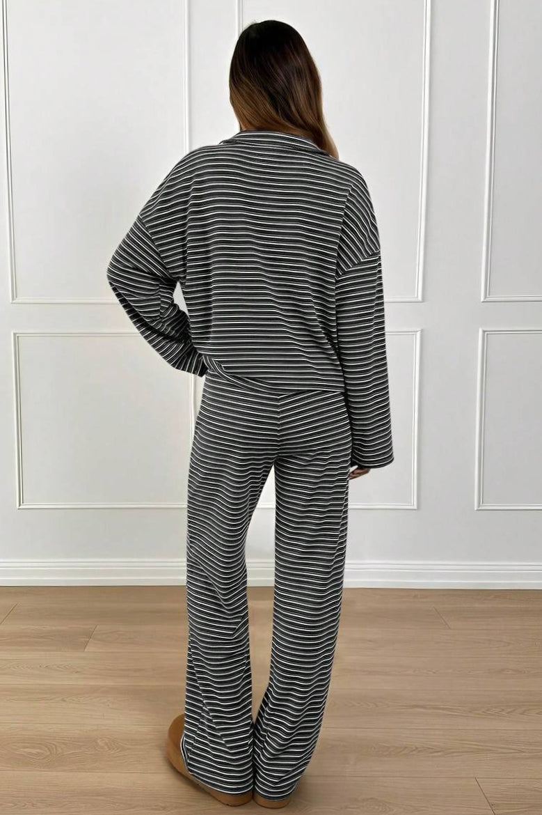 Contrast Stripe Collared Lounge Pants Set