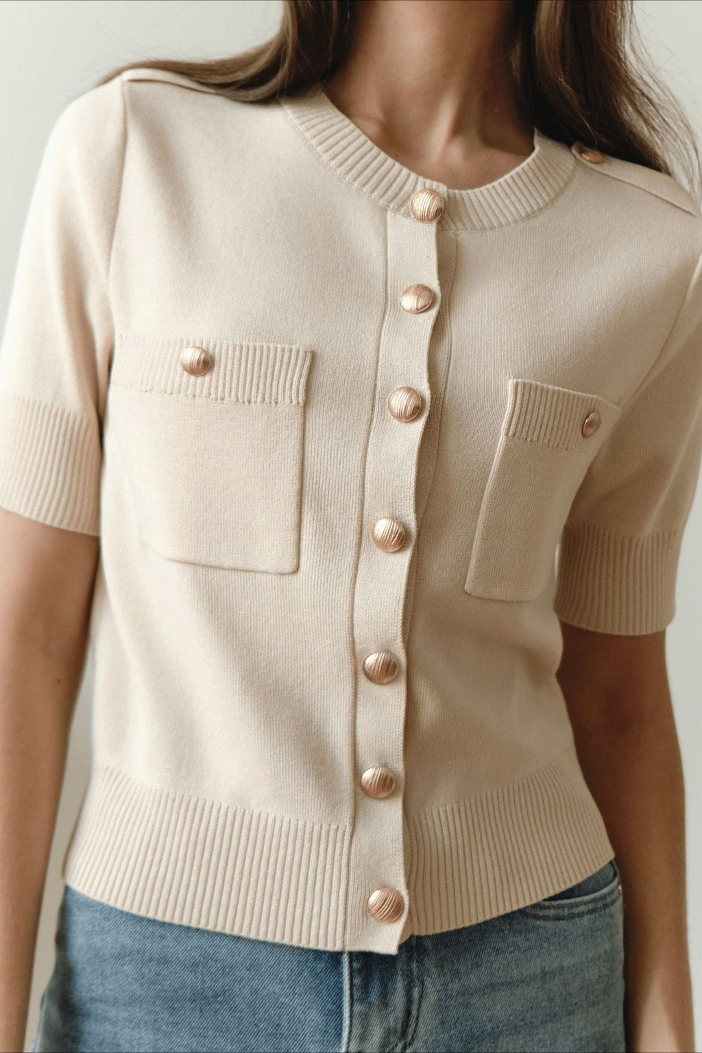 Short Sleeve Pocket Button Knit Cardigan