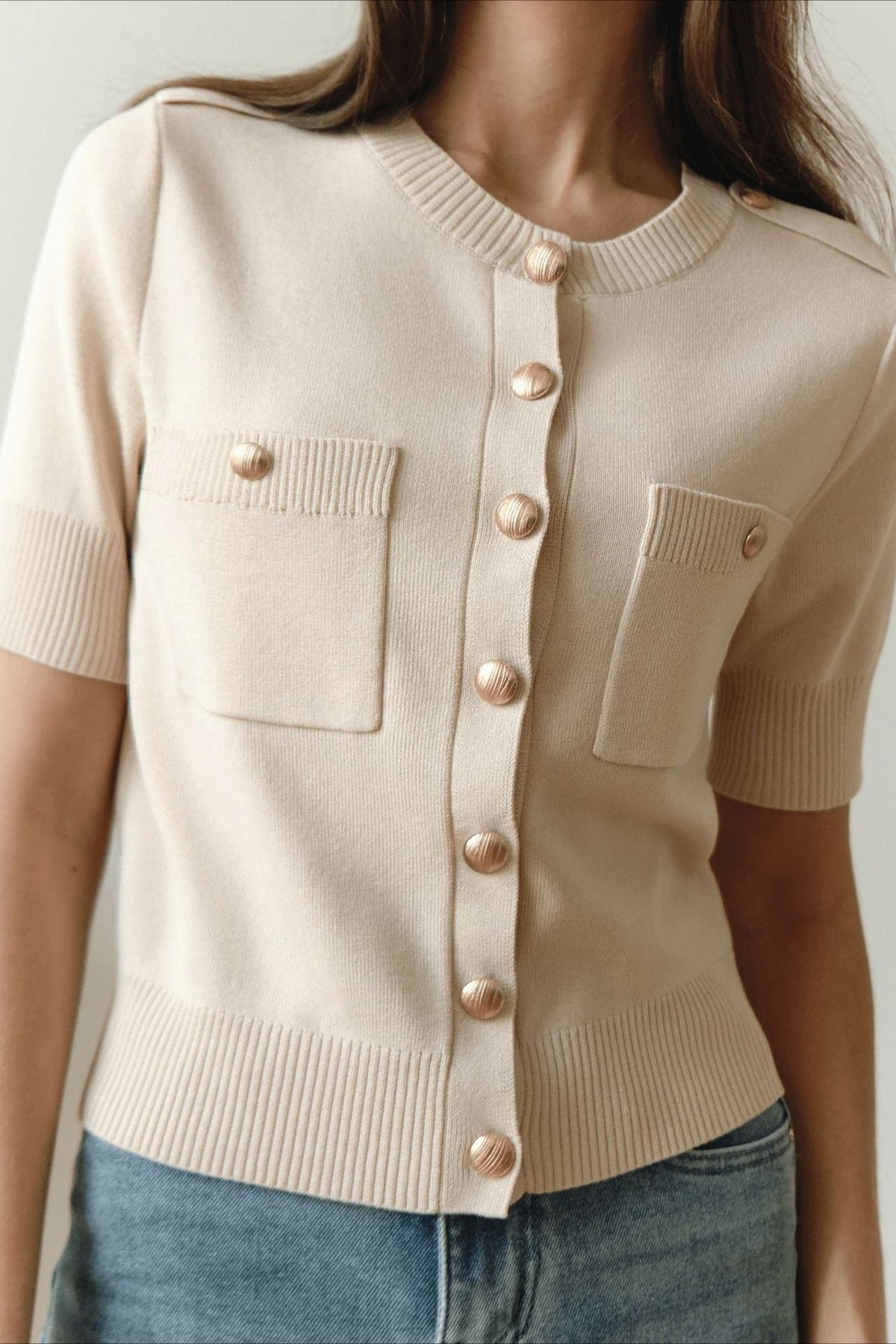 Short Sleeve Pocket Button Knit Cardigan
