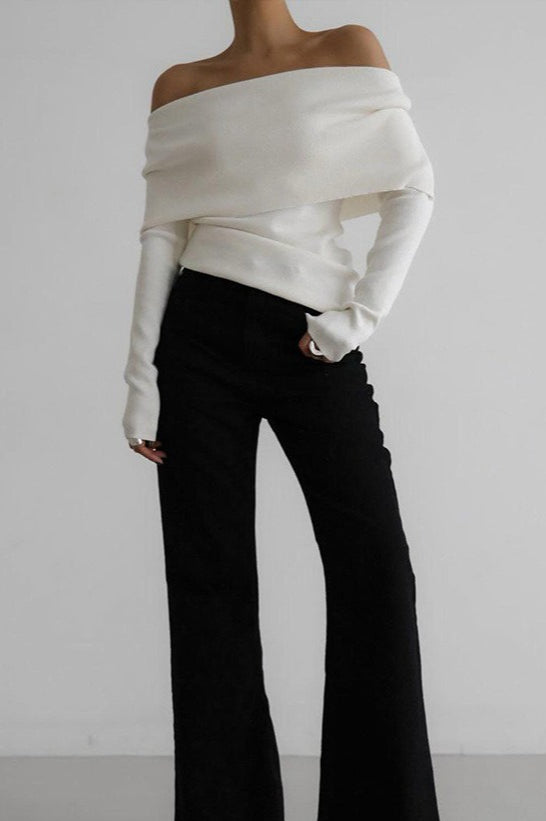 Off Shoulder Fitted Long Sleeve Knit Sweater