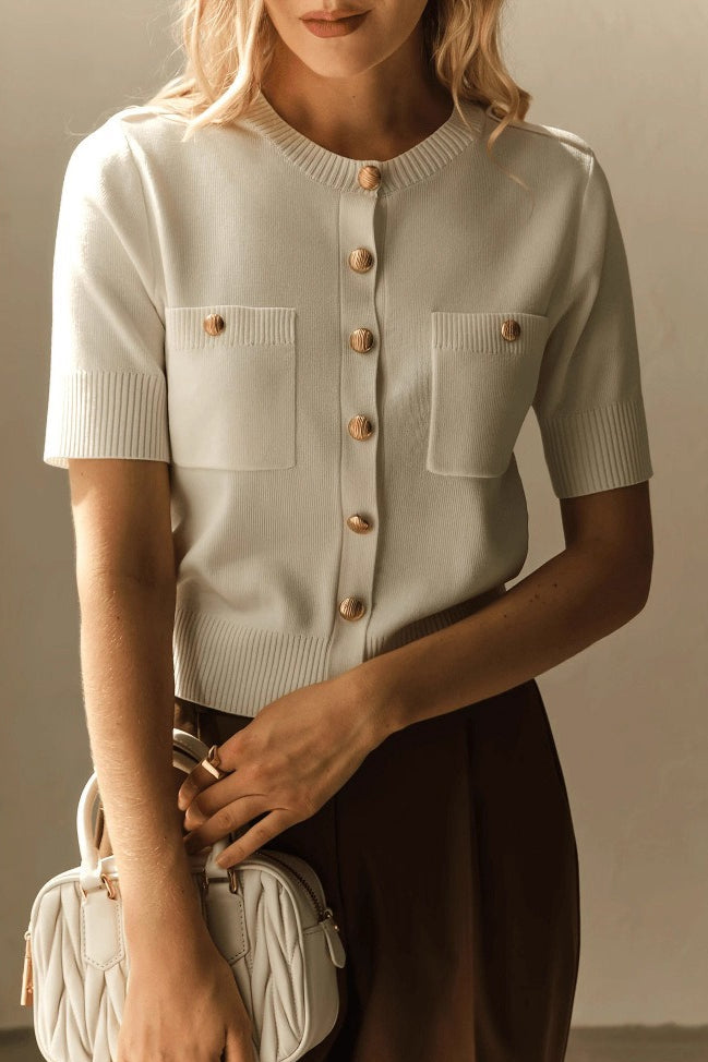 Short Sleeve Pocket Button Knit Cardigan