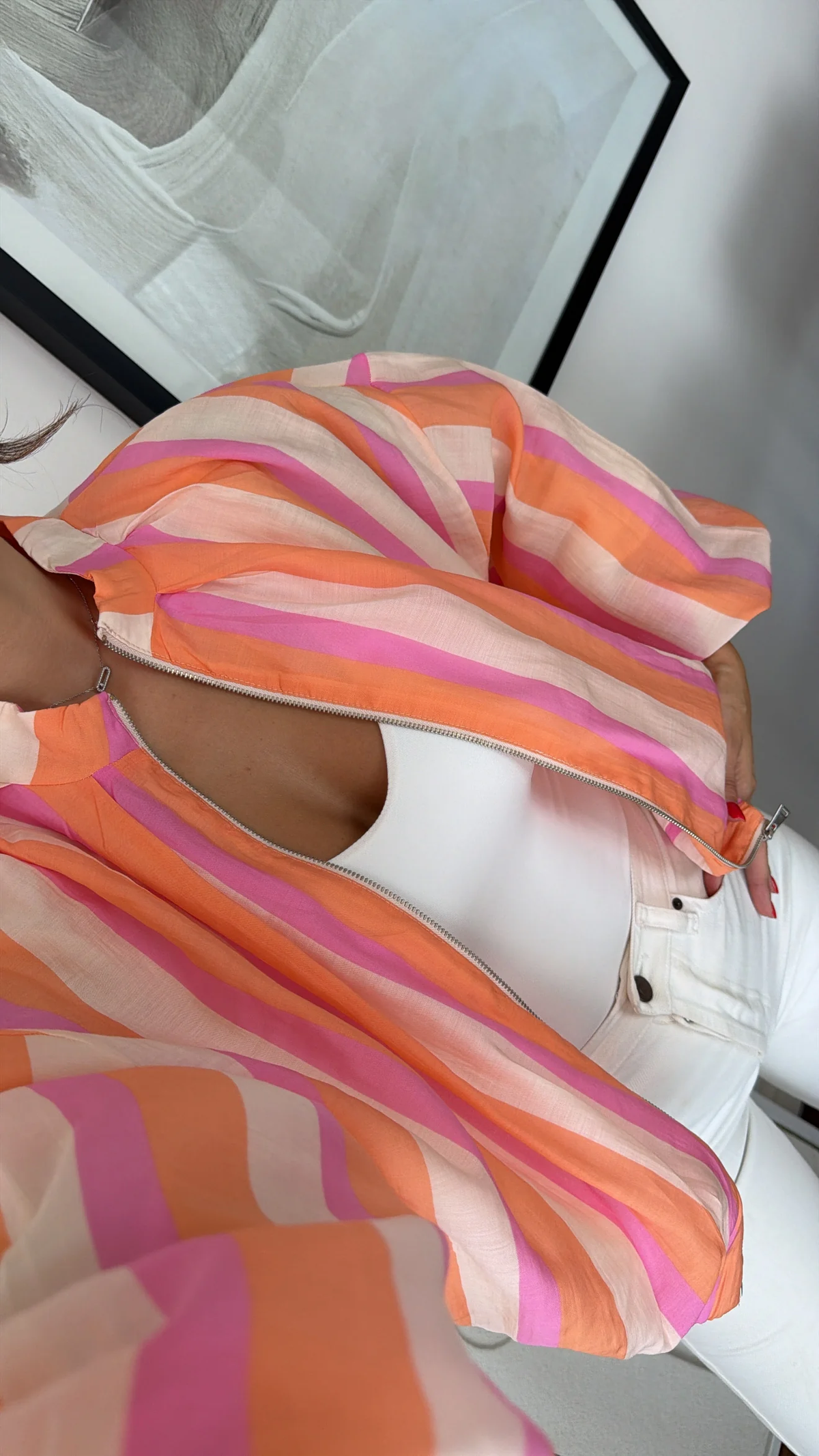 Stripe Print Zip-Up Balloon Sleeve Cropped Jacket