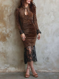 Elegant Lace Leopard Patchwork Fishtail Midi Dress