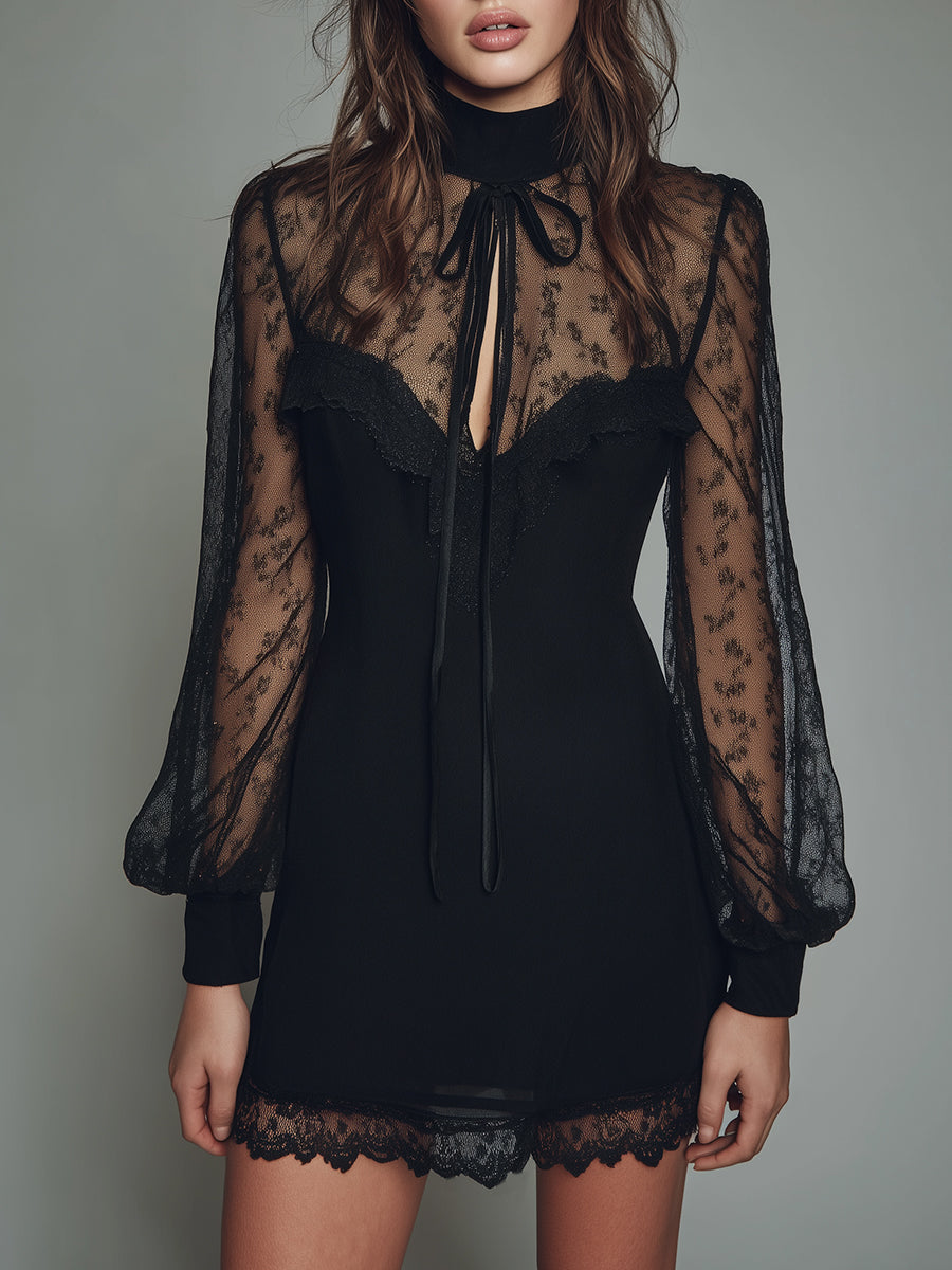 Vintage Lace Keyhole Neckline Fitted Mini Dress