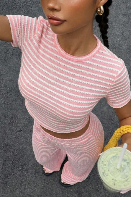 Striped Fitted Top Wide Leg Pants Set