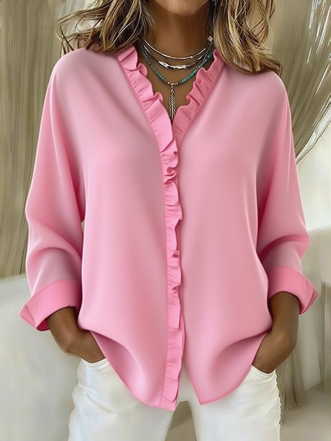 Women's Casual Cotton And Linen Ruffle Shirt