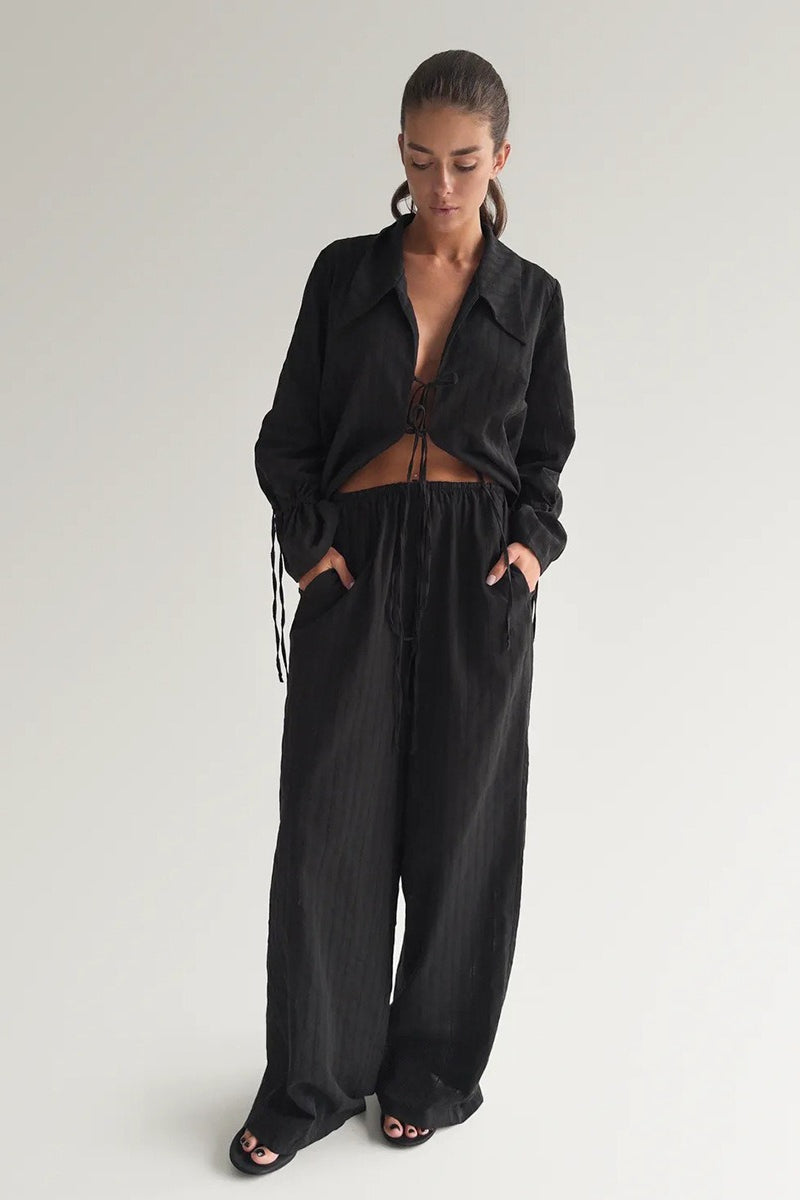 Collared Tie Front Sheer Shirt Pants Set