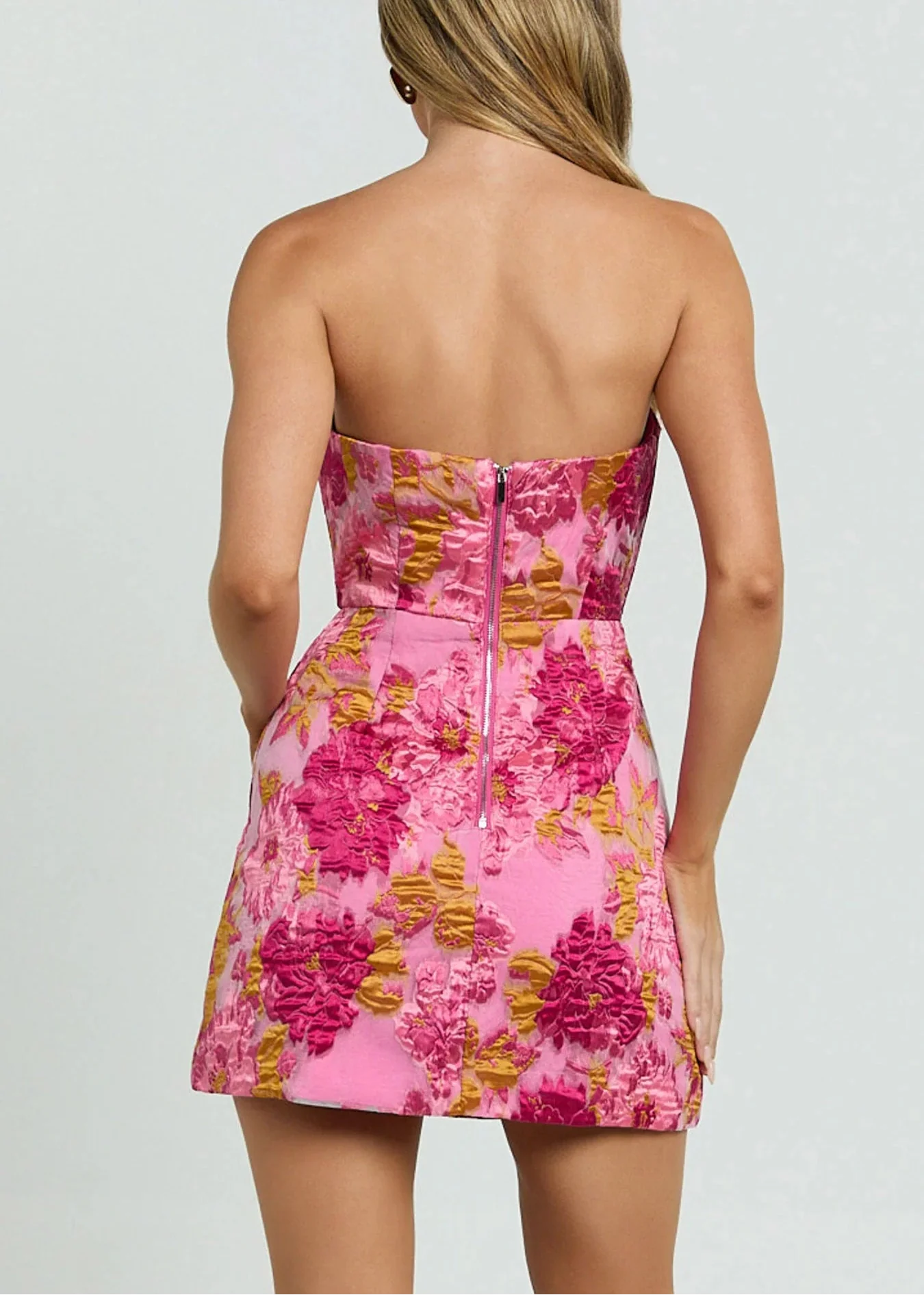 Brailey Mini Dress - Strapless Dress in Pink Jacquard