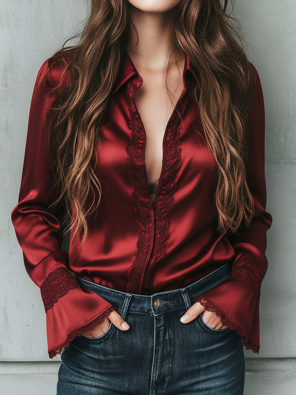 Elegant Burgundy Lace Trim Satin Blouse With Flared Cuffs