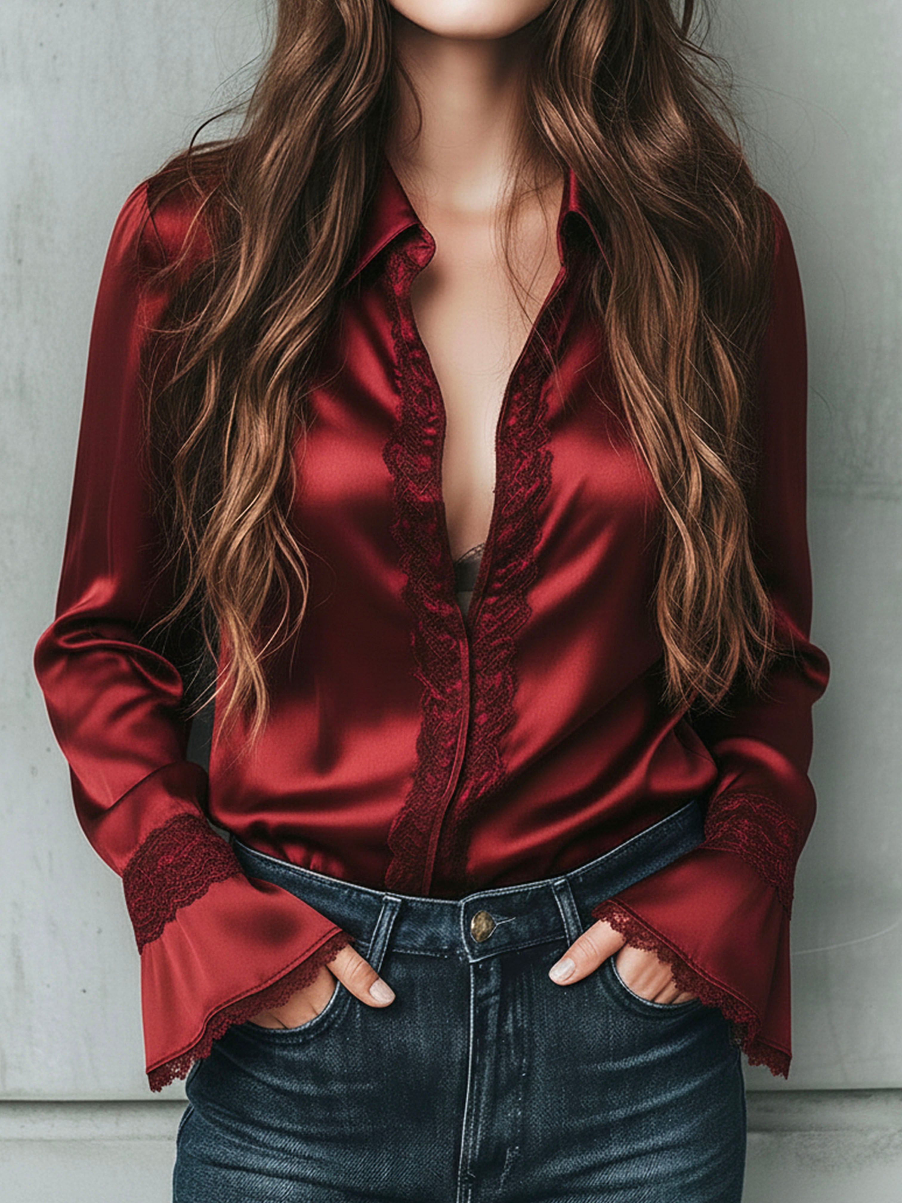 Elegant Burgundy Lace Trim Satin Blouse With Flared Cuffs