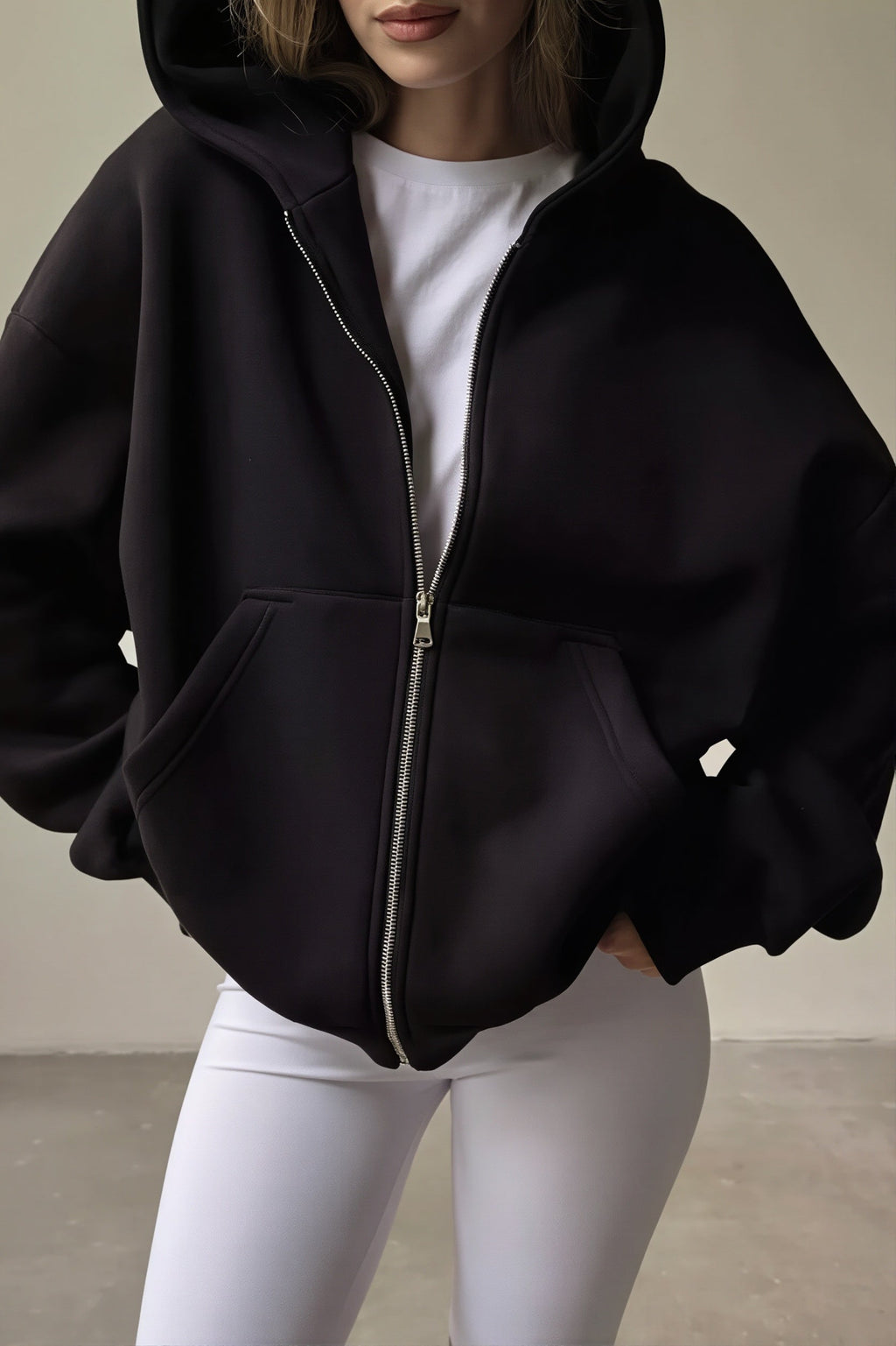 Solid Oversized Zip Up Hoodie