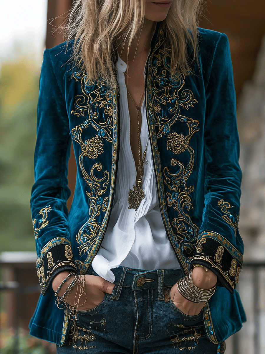 Boho Royal Teal Velvet Embroidered Luxe Jacket