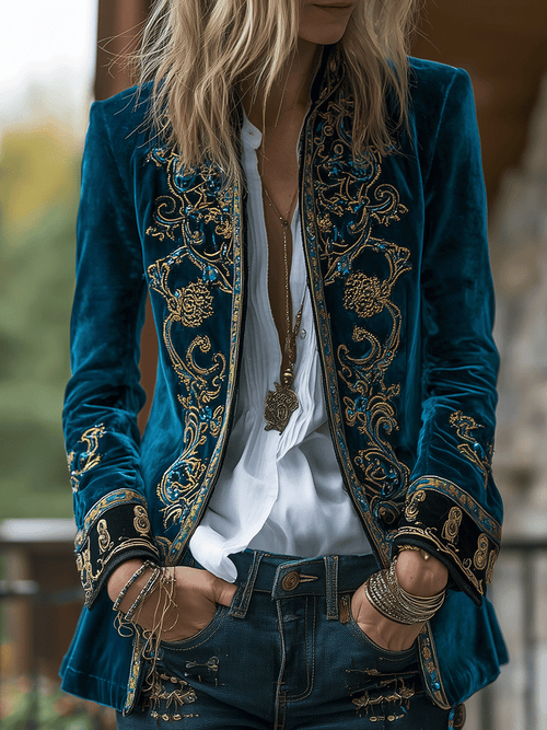 Boho Royal Teal Velvet Embroidered Luxe Jacket