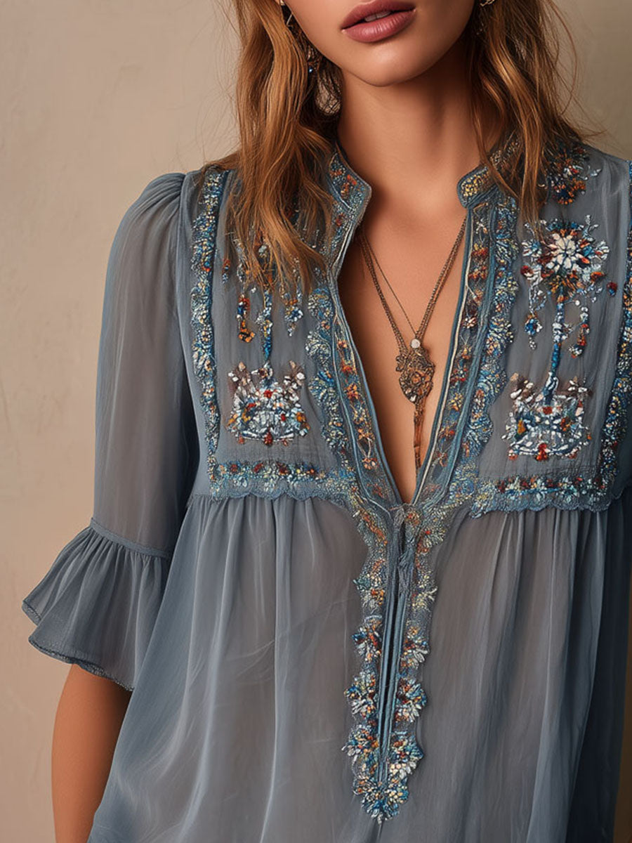 Vintage Dusty Blue Chiffon Floral Embroidered Blouse Flounce Sleeves