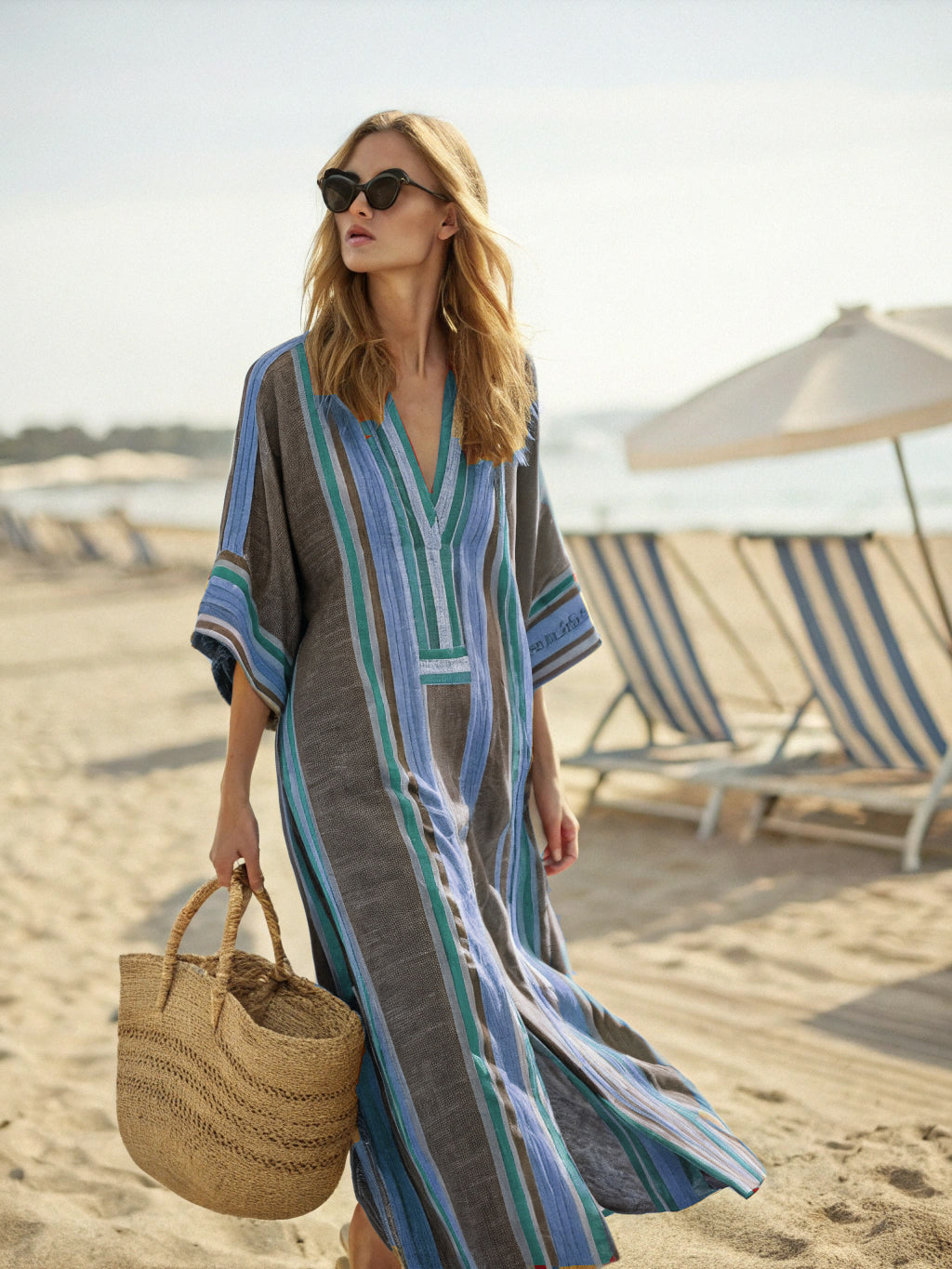Contton & Linen Long Sleeve Kaftan Maxi Dress