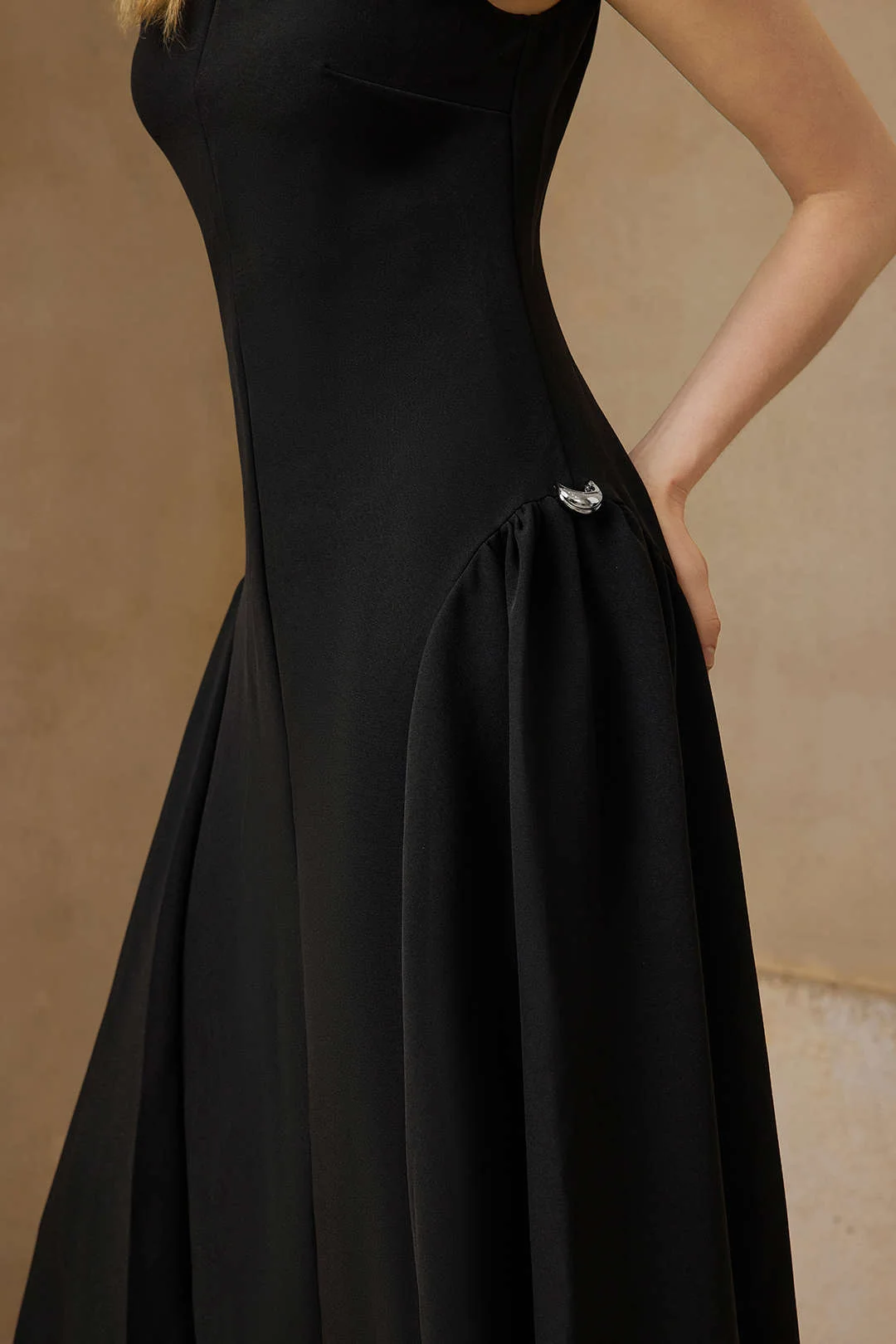 Black Cap Sleeve Draped Maxi Dress