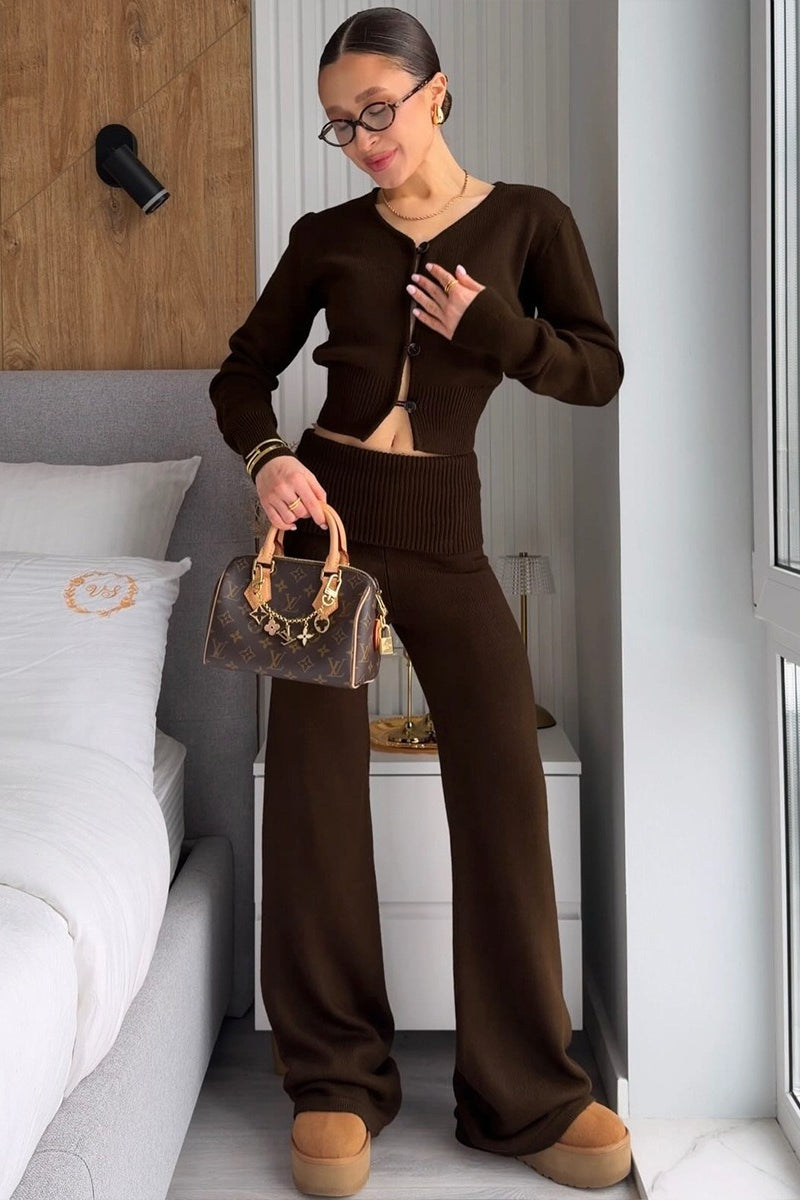Cropped Knit Cardigan Wide Leg Pants Set