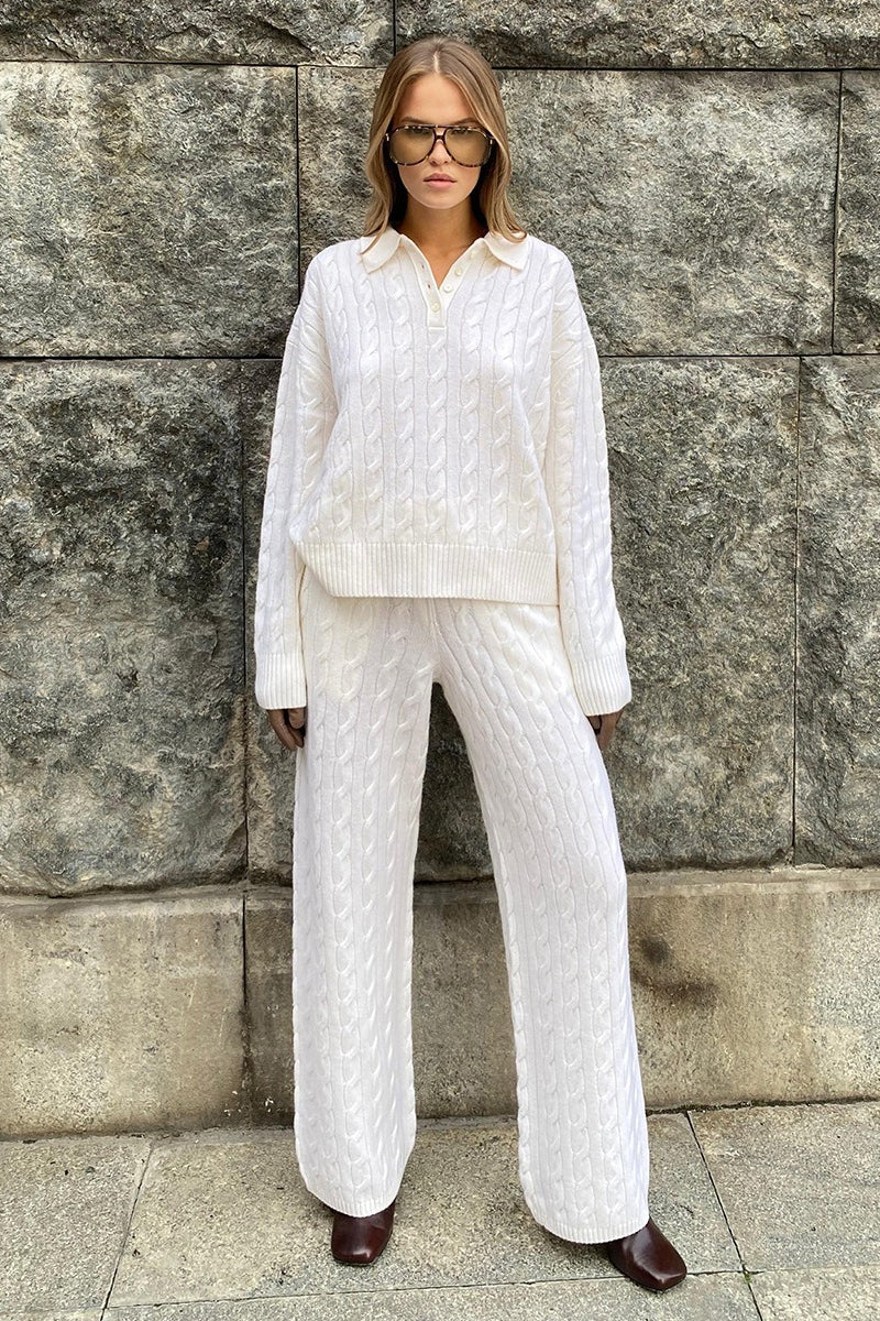 Cable Polo Sweater Straight Pants Knit Set