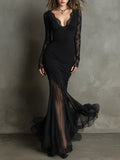 Elegant Retro Lace Splicing Fishtail Mesh Splicing Hem Maxi Dress