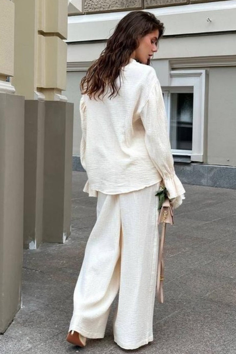 Balloon Sleeve Cotton Cardigan Wide Leg Pants Set