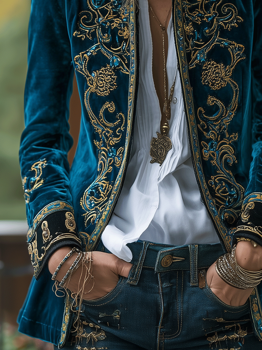 Boho Royal Teal Velvet Embroidered Luxe Jacket
