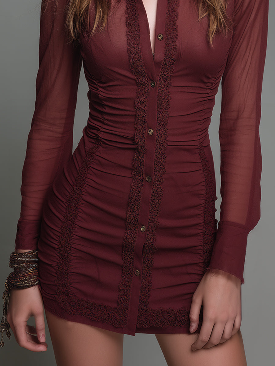 Elegant Slim-fitting Cotton Blend Mini Dress With Lace Trim