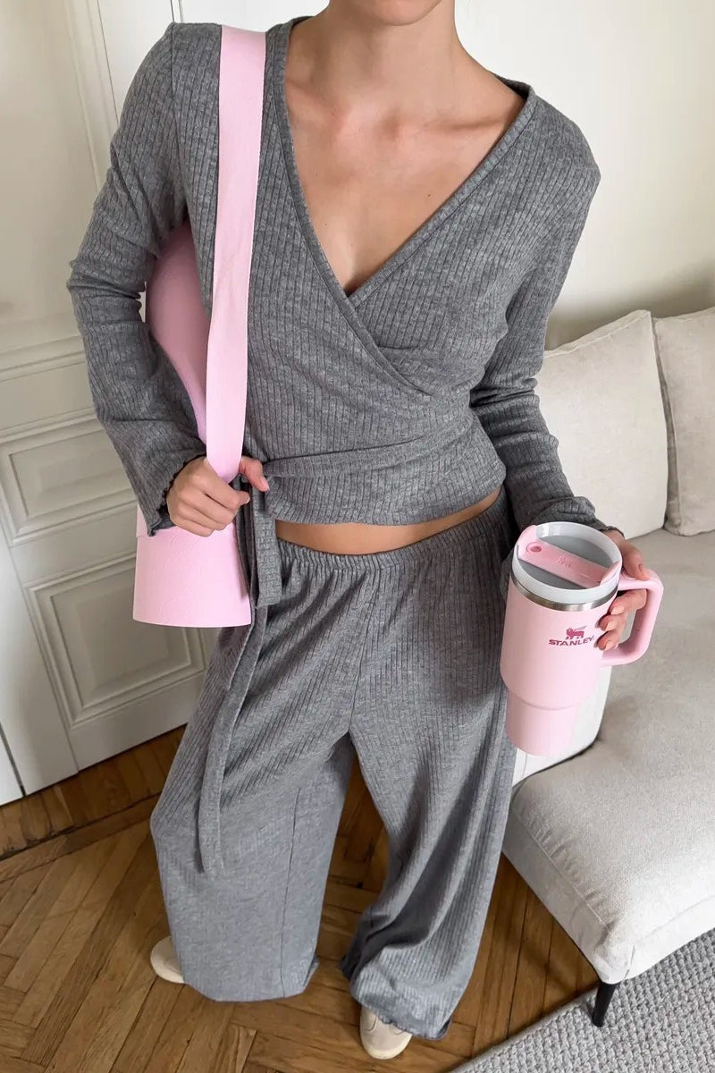 Ribbed V Neck Tie Top Wide Leg Pants Set