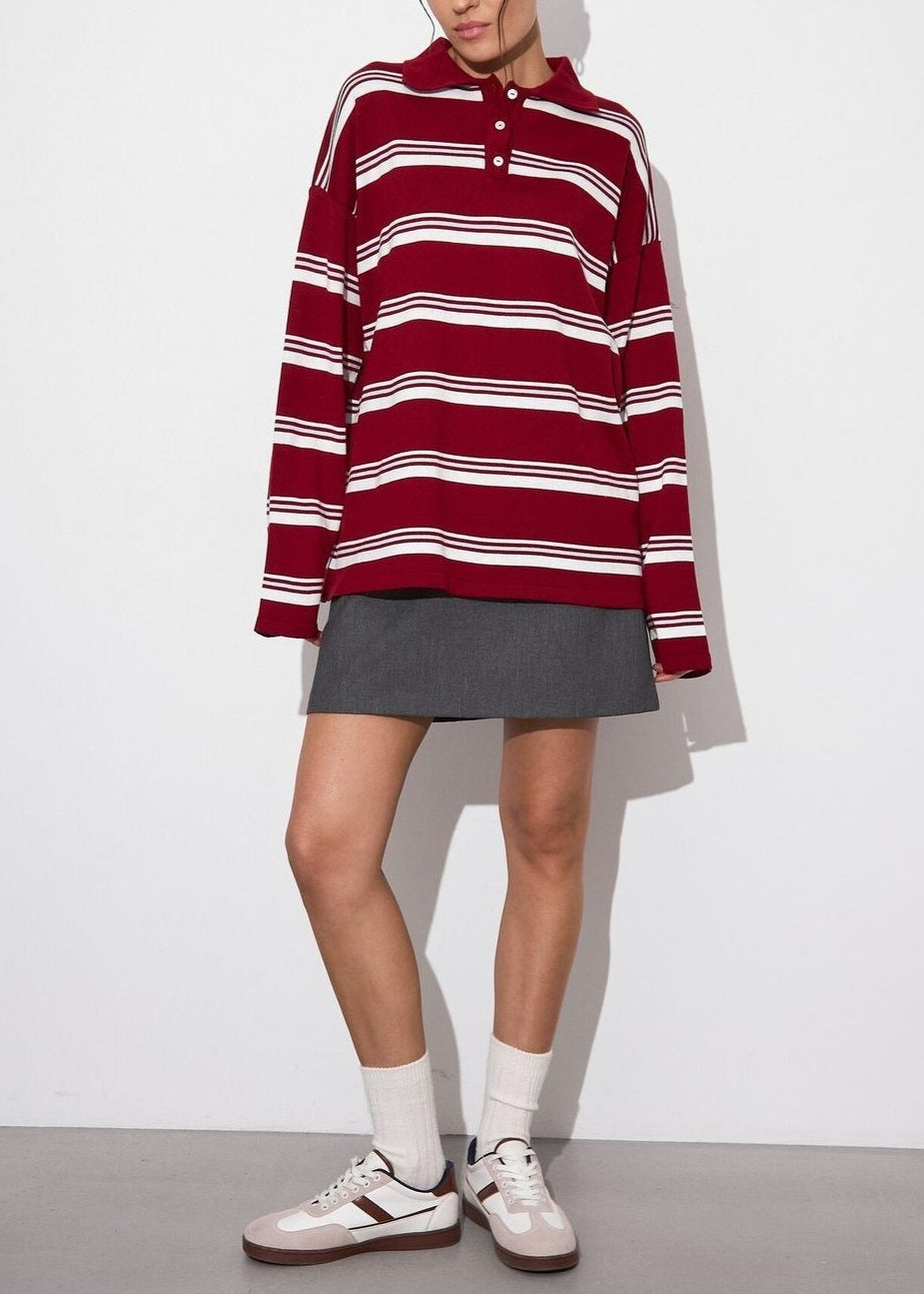 Relaxed Collared Striped Long Sleeve Blouse