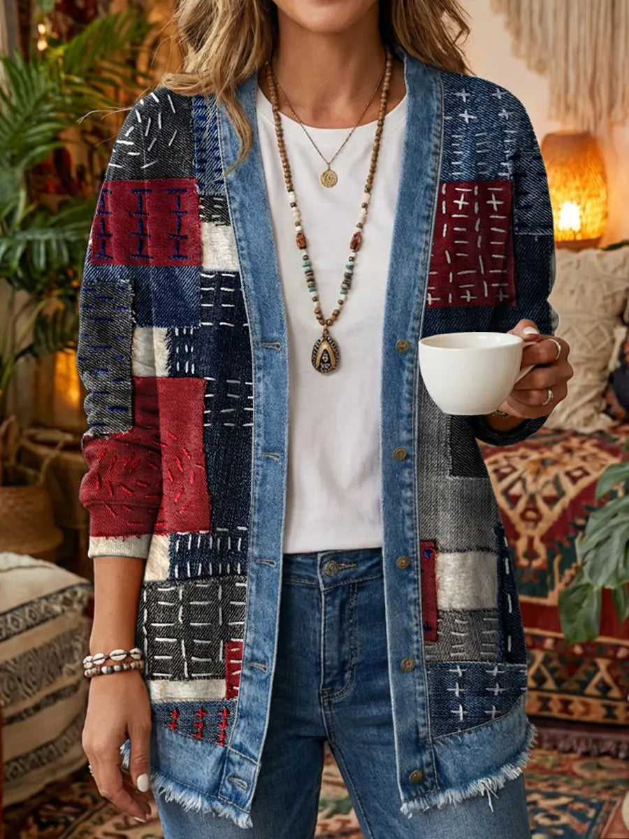 Women's Vintage Patchwork Pattern Art Print Casual Long-sleeve Shirt Jacket
