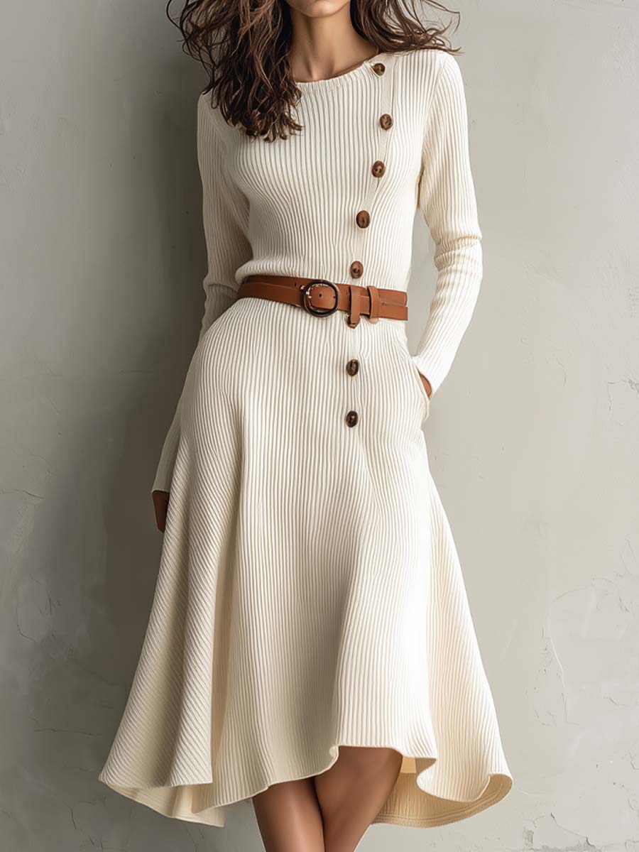 Cream Knit Midi Dress With Asymmetrical Button Detail