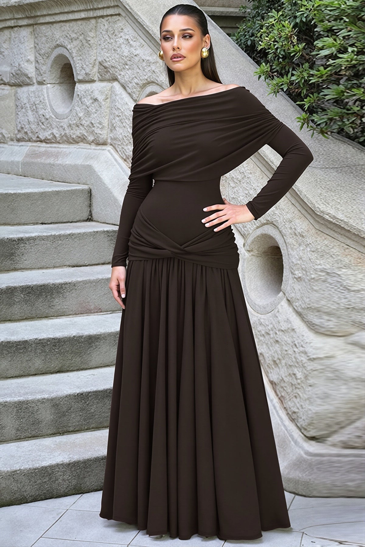 Drop Waist Pleated Off Shoulder Maxi Dress