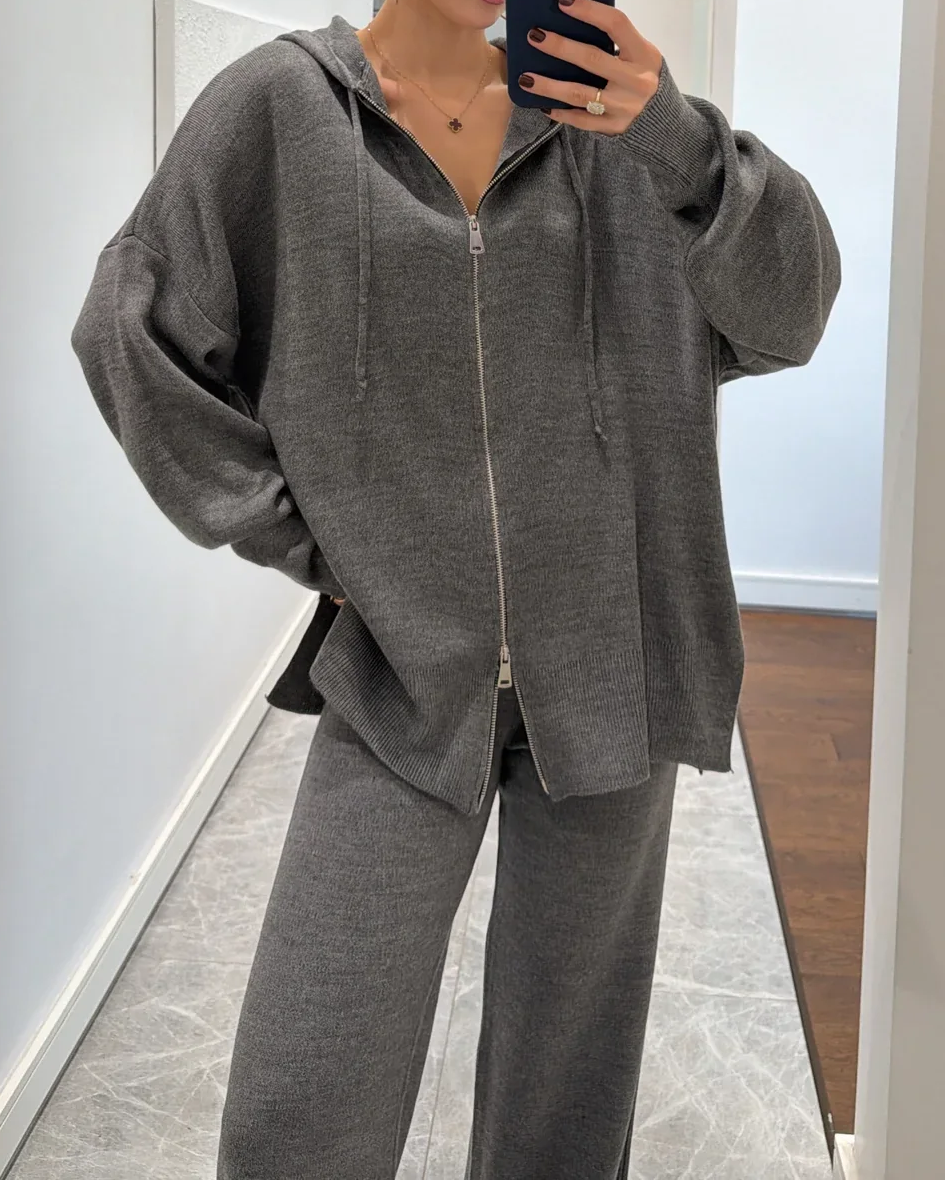 Knit Zip-Up Hoodie and Wide-Leg Pants Two-Piece Set