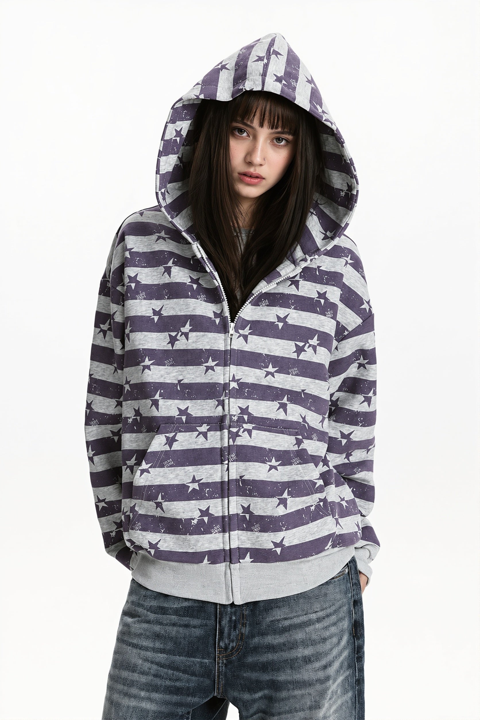 Striped Star Print Zip Hoodie