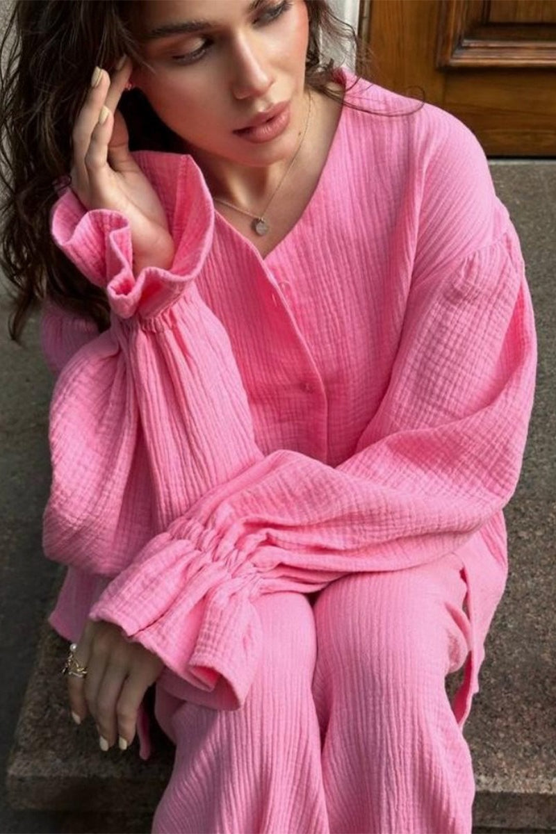 Balloon Sleeve Cotton Cardigan Wide Leg Pants Set