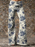 Women's Vintage Ethnic Blue White Rose Hippie Art Prints Casual Slim Denim Flared Pants