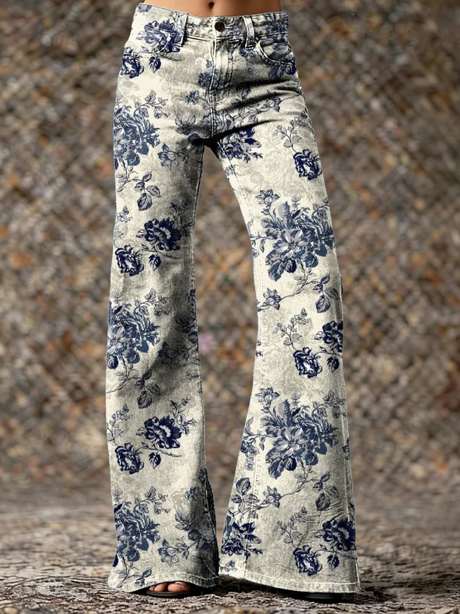 Women's Vintage Ethnic Blue White Rose Hippie Art Prints Casual Slim Denim Flared Pants