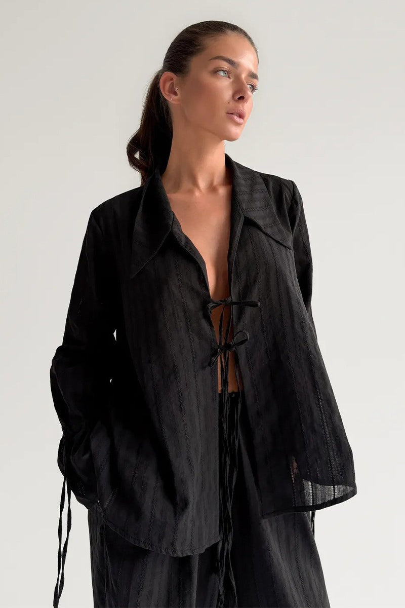 Collared Tie Front Sheer Shirt Pants Set