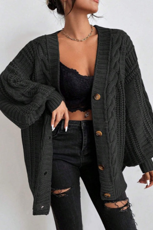 Oversized Cable Knit V Neck Button Cardigan