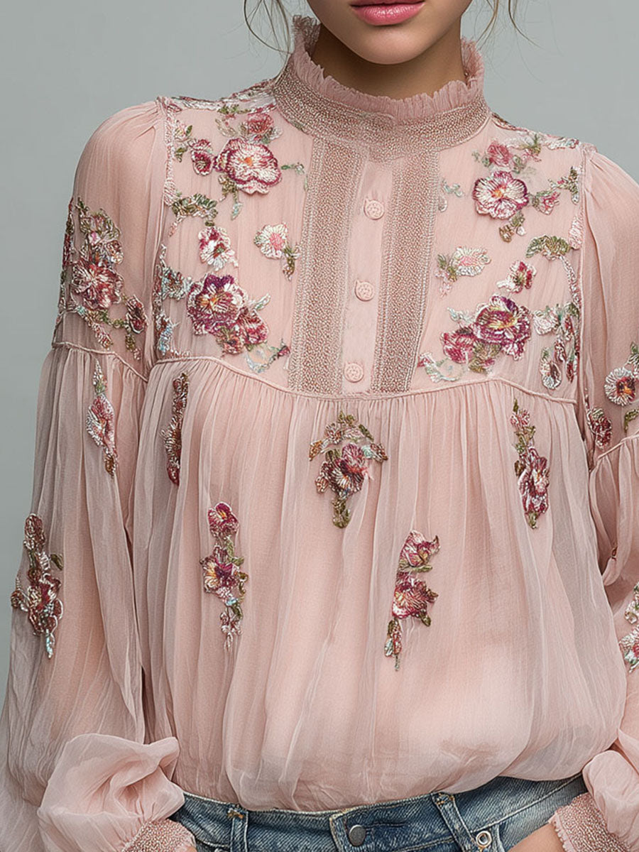 High Neck Blush Pink Embroidered Chiffon Blouse