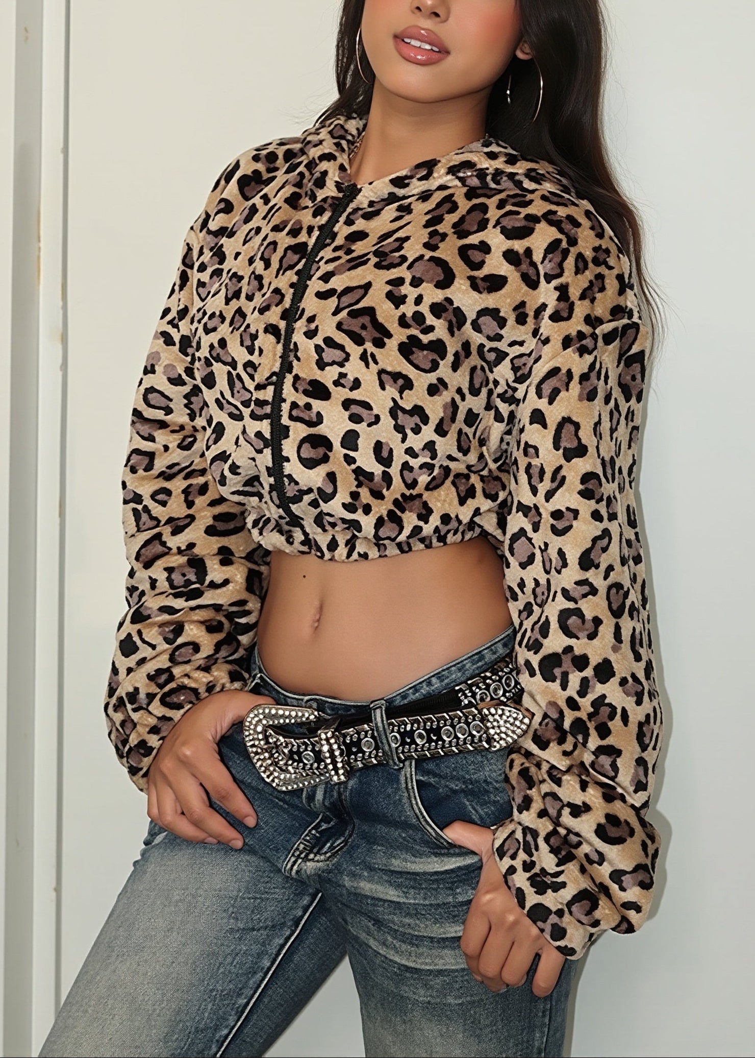Leopard Fleece Cropped Zip Hoodie