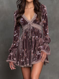 Boho Dusty Mauve Velvet Floral Mini Dress With Lace Trim