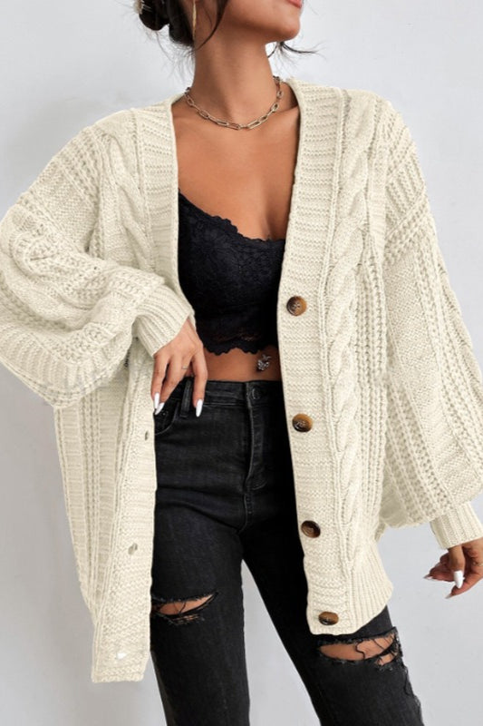 Oversized Cable Knit V Neck Button Cardigan