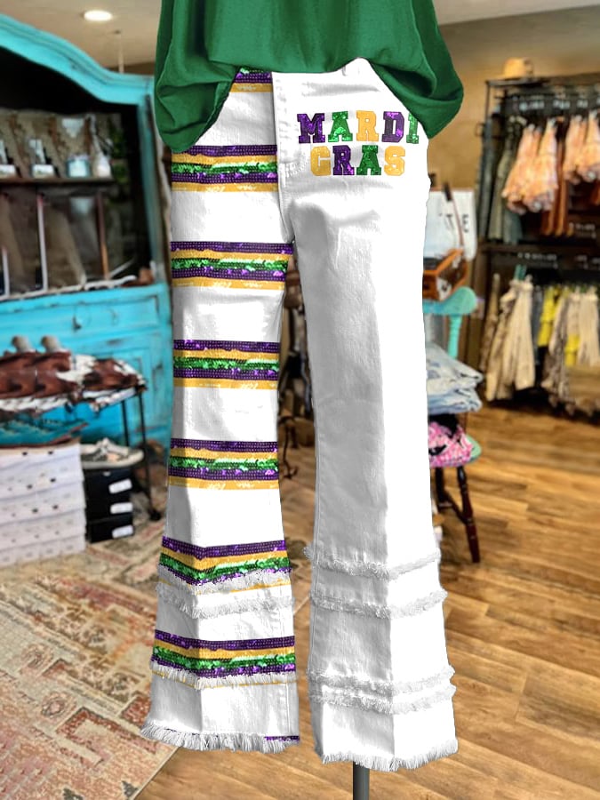 Retro Mardi Gras Purple Green And Gold Stripe Tassel Bell-Bottom