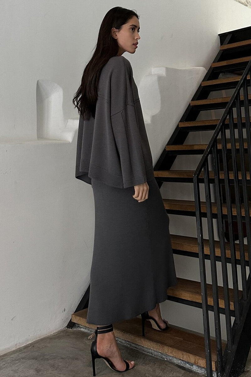 V Neck Sweater Midi Skirt Knit Set